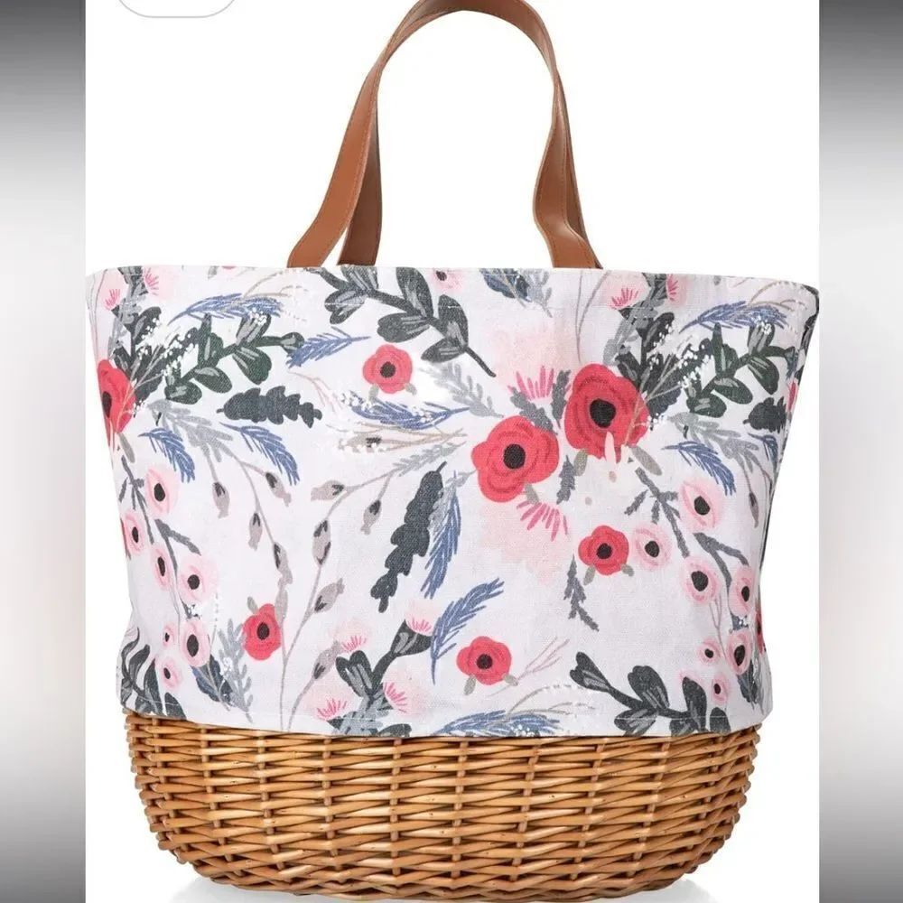 Coronado Canvas and Willow Basket Tote in Floral Pattern and Leather Strap NWOT